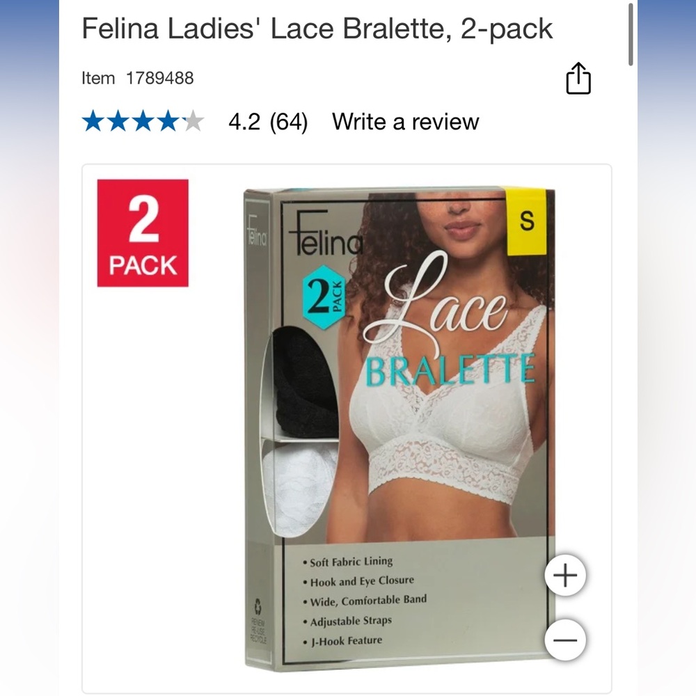 Set of two - unboxed, new Felina Ladies' Lace Bralette, 2-pack black and white
